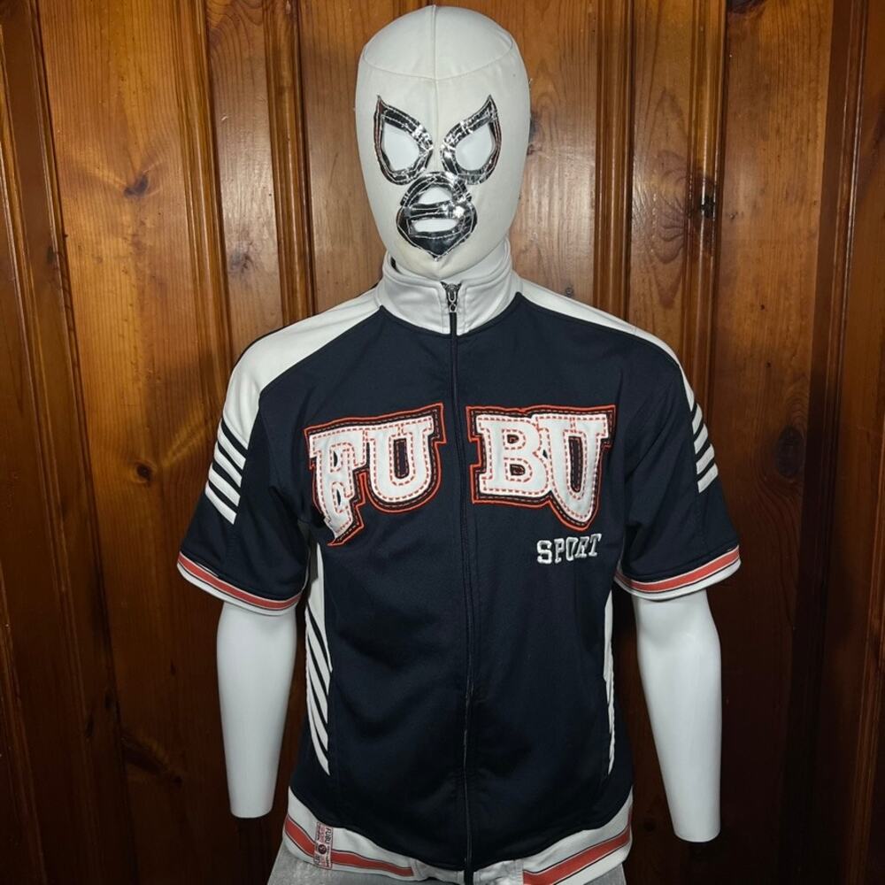 FUBU Mens Medium Y2K Track Jacket Blue Short Sleeve Zip Athletic 2000s